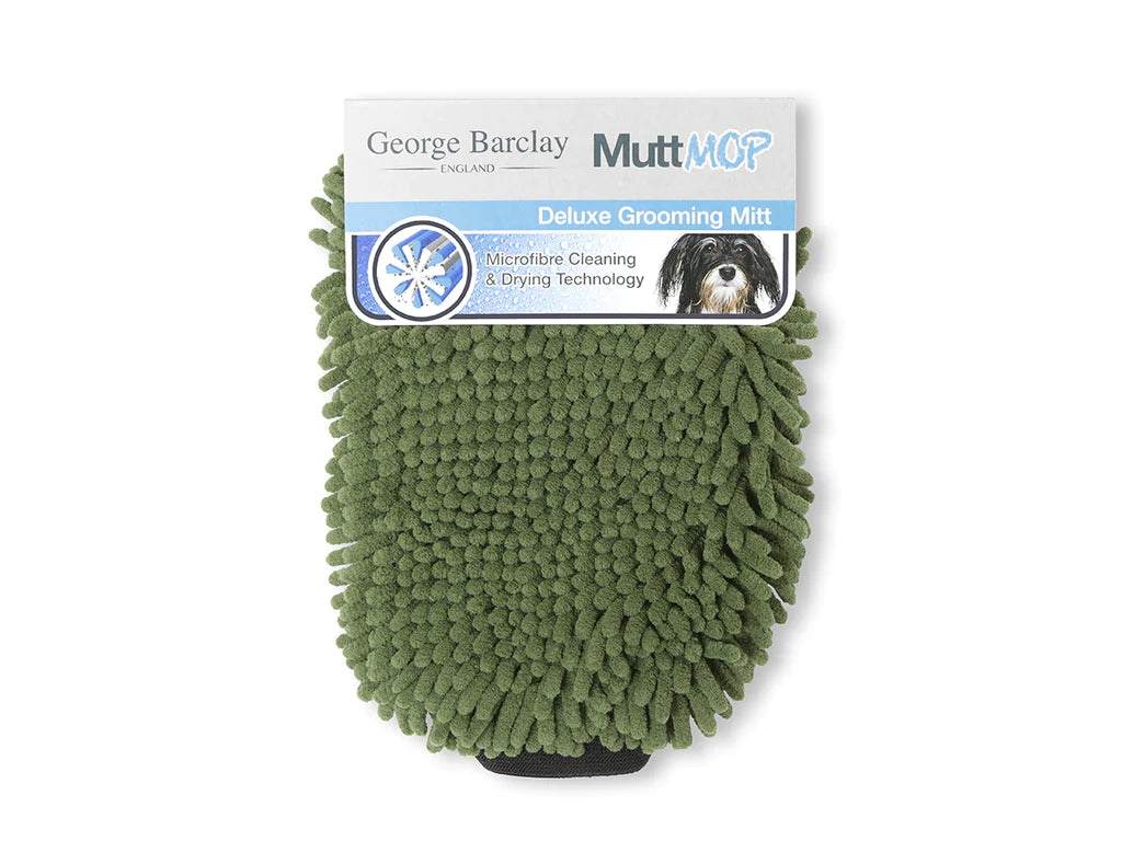 The George Barclay, MuttMOP® Deluxe Grooming Mitt, is a 2 in 1 grooming accessory. The mitt’s gentle rubber brush quickly detangles short or long hair, and removes loose hair from your dog’s coat.