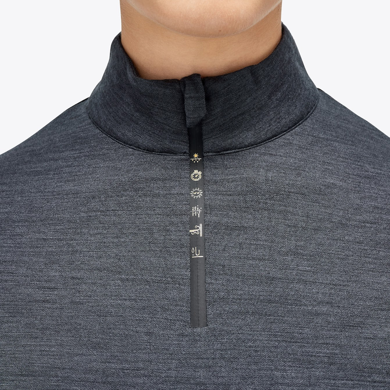 The Cavalleria Toscana Grey and black Revolution Premier Tech Wool training top. The slimming silhouette is feminine yet sporty. Black fine tech knit back gives maximum freedom of movement. This CT training top is perfect for the shows, training or on the yard.