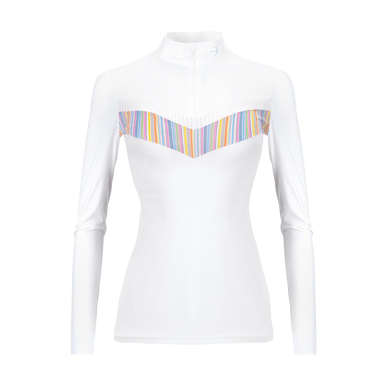 Keep cool this summer with the Laguso Vivian multi stripe show shirt. The multi coloured stripe and white mesh v panel give a feminine sporty look. Made from bi elastic breathable sports fabric. Stand-up collar with zipper and underlaid zip cover.