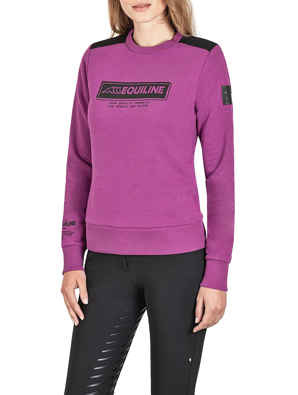 The Equiline Contemporary studio sweatshirt is a great way to finish off any outfit at the yard or at shows. Made from jersey it’s extremely comfortable. The Stdio design in on the front and sleeve. Mesh inserts to give that contemporary modern look. Coordinating items available