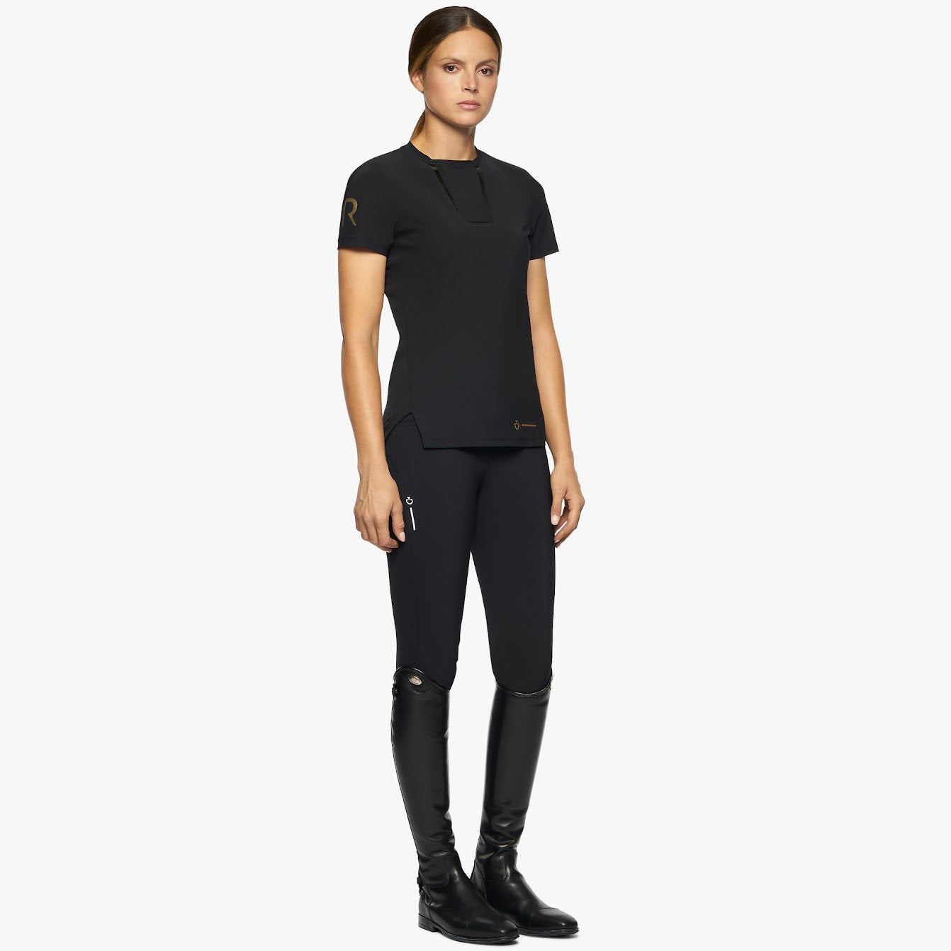 The Cavalleria Toscana Black S/S Revo Premier Jersey Tech Knit T Shirt. Tech knit back for maximum freedom of movement and breathability. the iconic CT Revo t shirt in gold on the sleeve.
