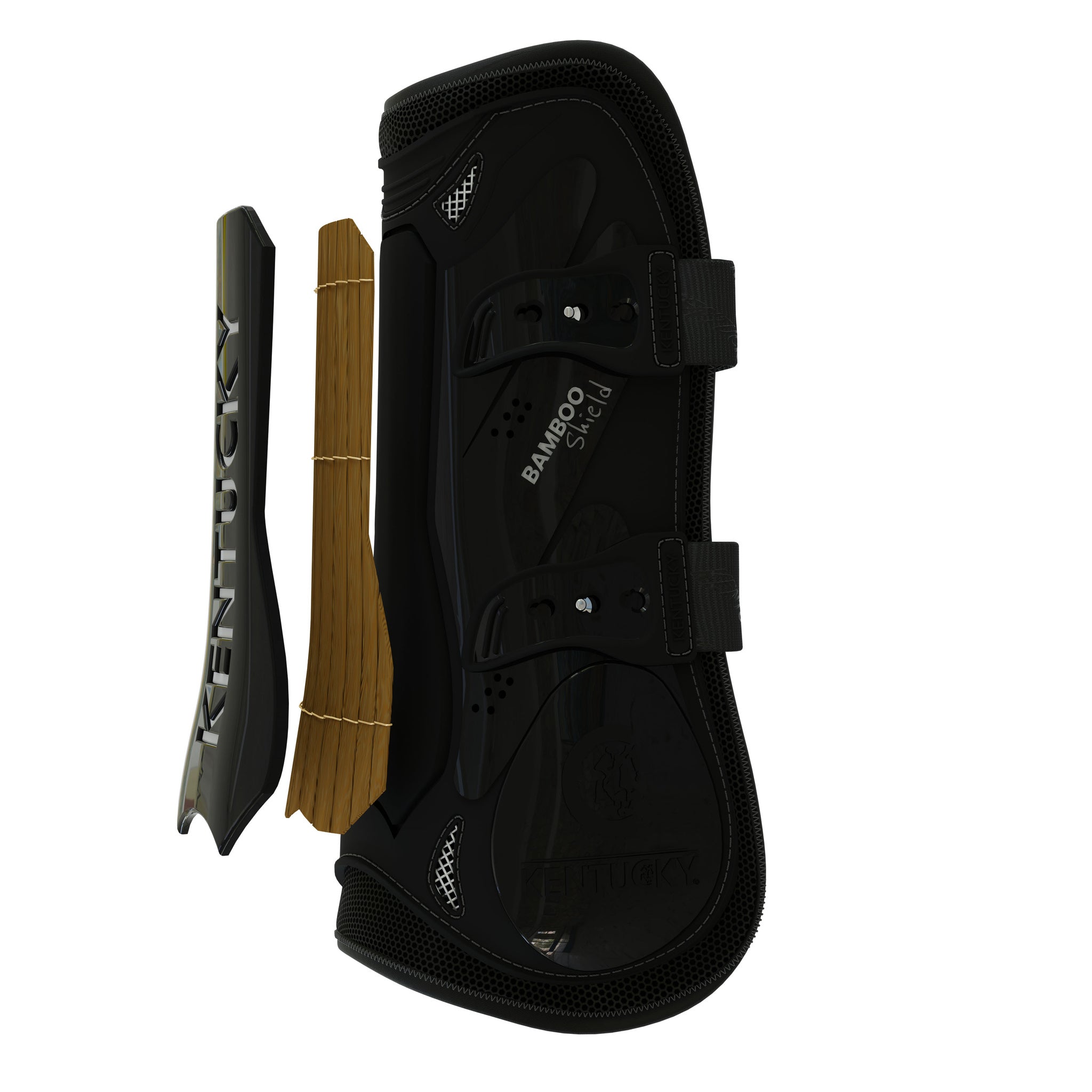 Kentucky Vegan Tendon Boots Bamboo Shield with Elastic fastenings are now available following years of research and development. The Kentucky Bamboo Sheild Supersedes the already very popular Kentucky Tendon Boot. Bamboo has the best tensile strength and also avoids penetration of sharp objects. Thanks to great results from testing, the bamboo shield is now used to protect the horse’s tendon area.