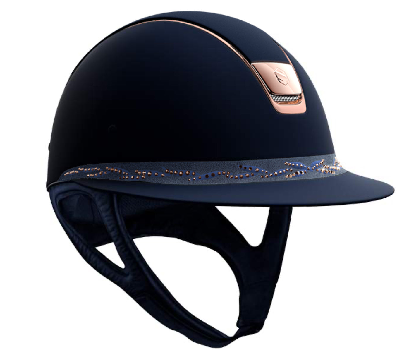 Samshield Miss shield blue riding hat with rose gold trim and blazon and vintage rose flower Swarovski frontal band