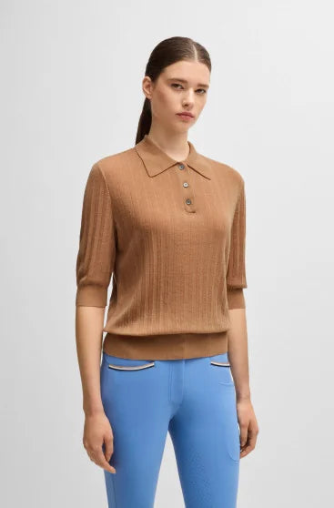 Boss Equestrian Corey Camel Ribbed polo women’s short sleeve Jumper