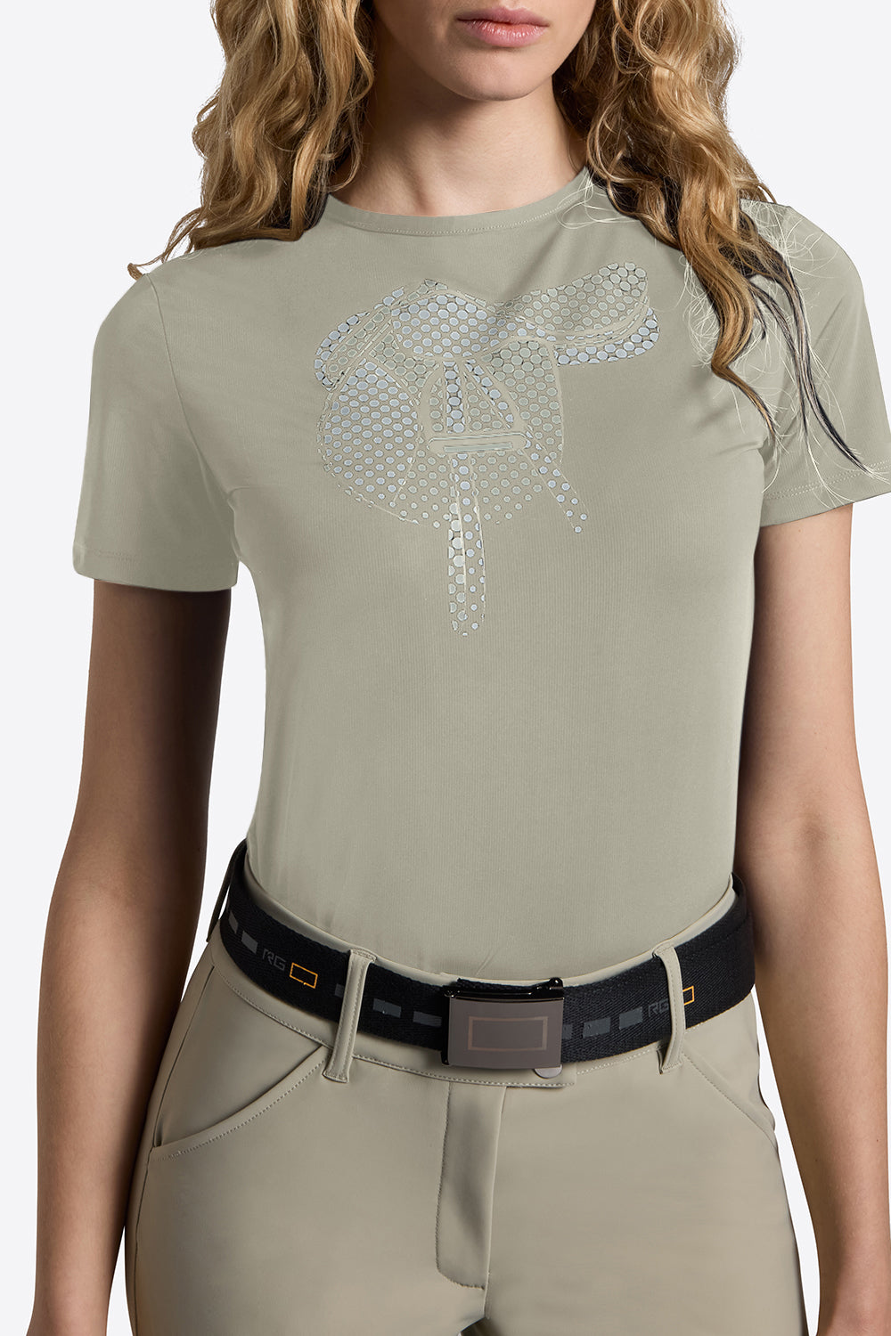 Riders Gene women’s short sleeve T Shirt Saddle Pad design in Moss Grey