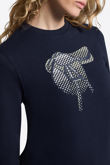 Riders Gene women’s long sleeve Crew Neck Saddle Print Sweatshirt in navy blue