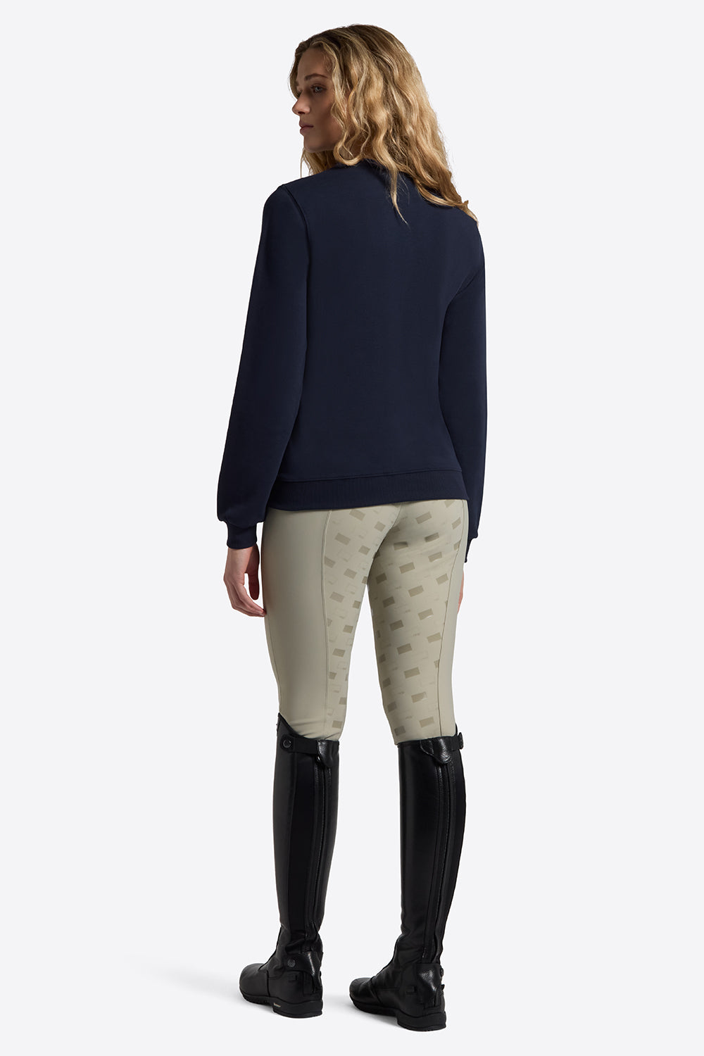 Riders Gene women’s long sleeve Crew Neck Saddle Print Sweatshirt in navy blue