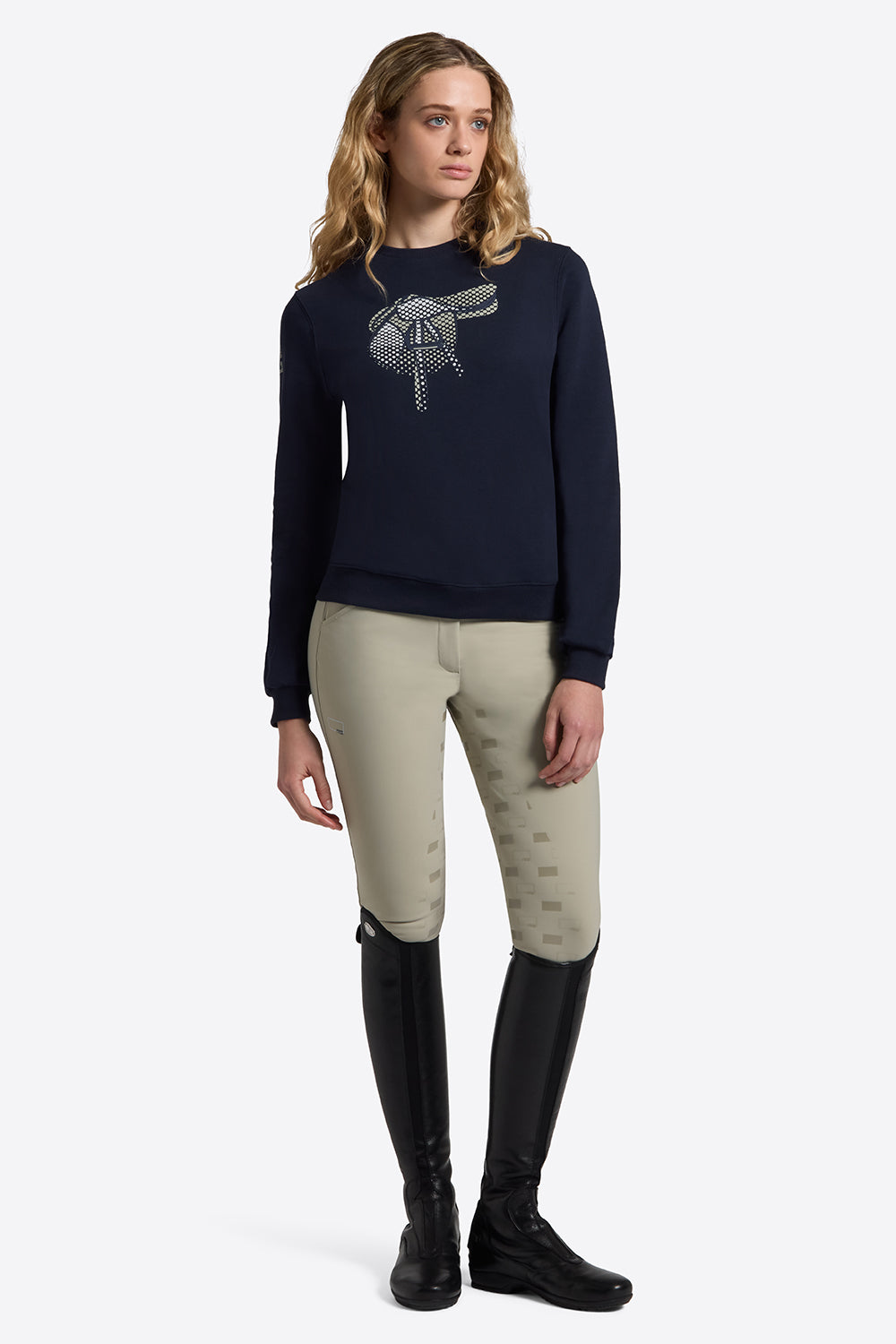 Riders Gene women’s long sleeve Crew Neck Saddle Print Sweatshirt in navy blue