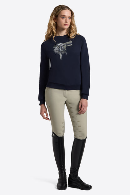 Riders Gene women’s long sleeve Crew Neck Saddle Print Sweatshirt in navy blue