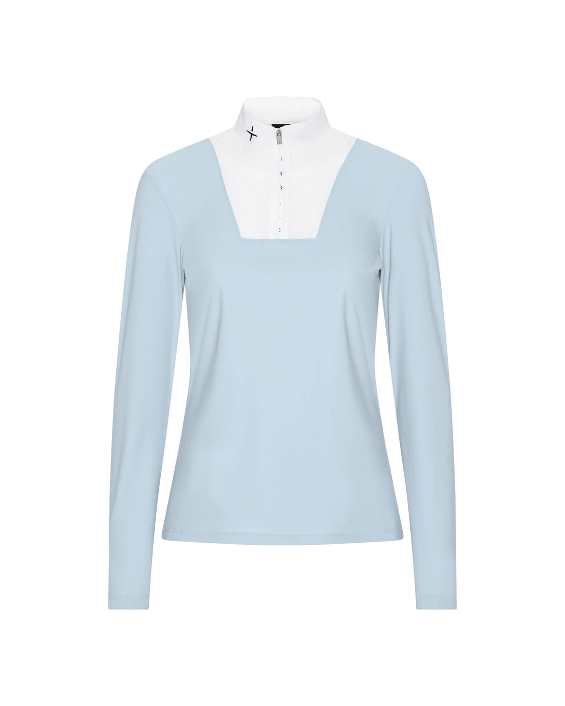 A light blue long-sleeve mock-neck top with a contrasting white yoke and a small black logo on the collar, displayed on a clean white background.