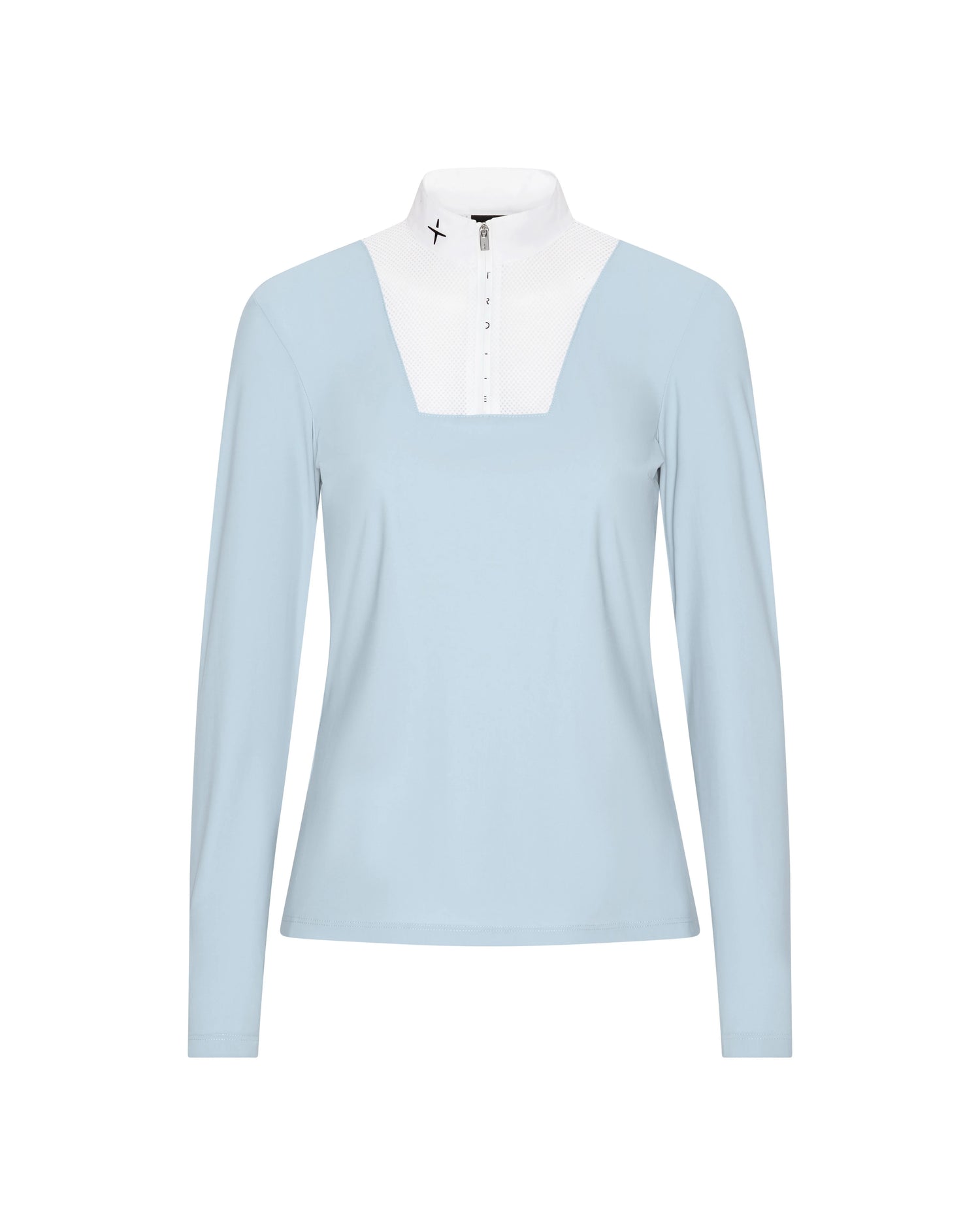 A light blue long-sleeve mock-neck top with a contrasting white yoke and a small black logo on the collar, displayed on a clean white background.