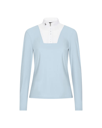 A light blue long-sleeve mock-neck top with a contrasting white yoke and a small black logo on the collar, displayed on a clean white background.