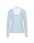 A light blue long-sleeve mock-neck top with a contrasting white yoke and a small black logo on the collar, displayed on a clean white background.