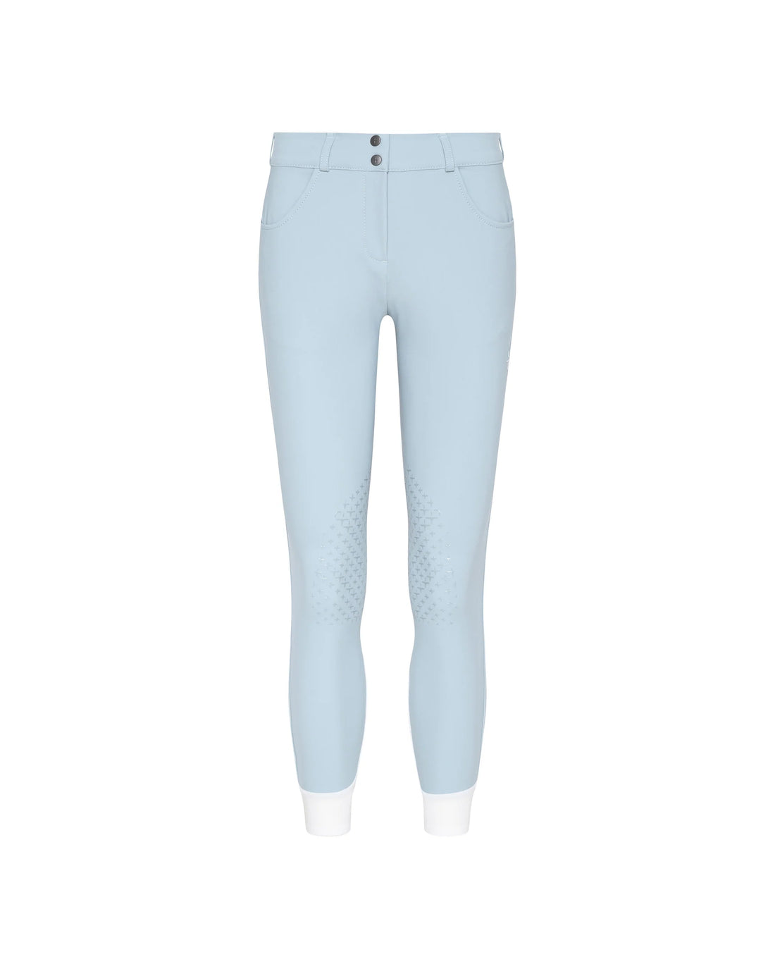 Light blue riding breeches with textured grip panels on the thighs and white cuffs, shown against a plain white background.