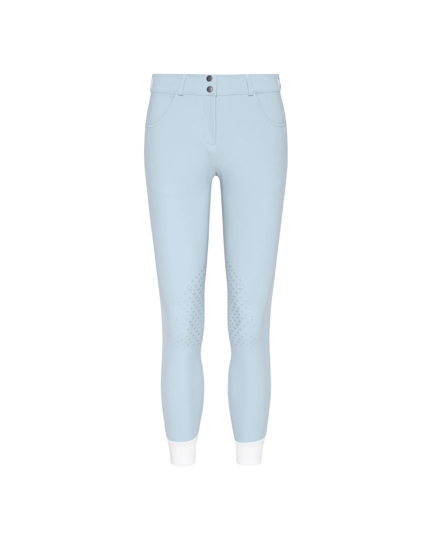 Light blue riding breeches with textured grip panels on the thighs and white cuffs, shown against a plain white background.