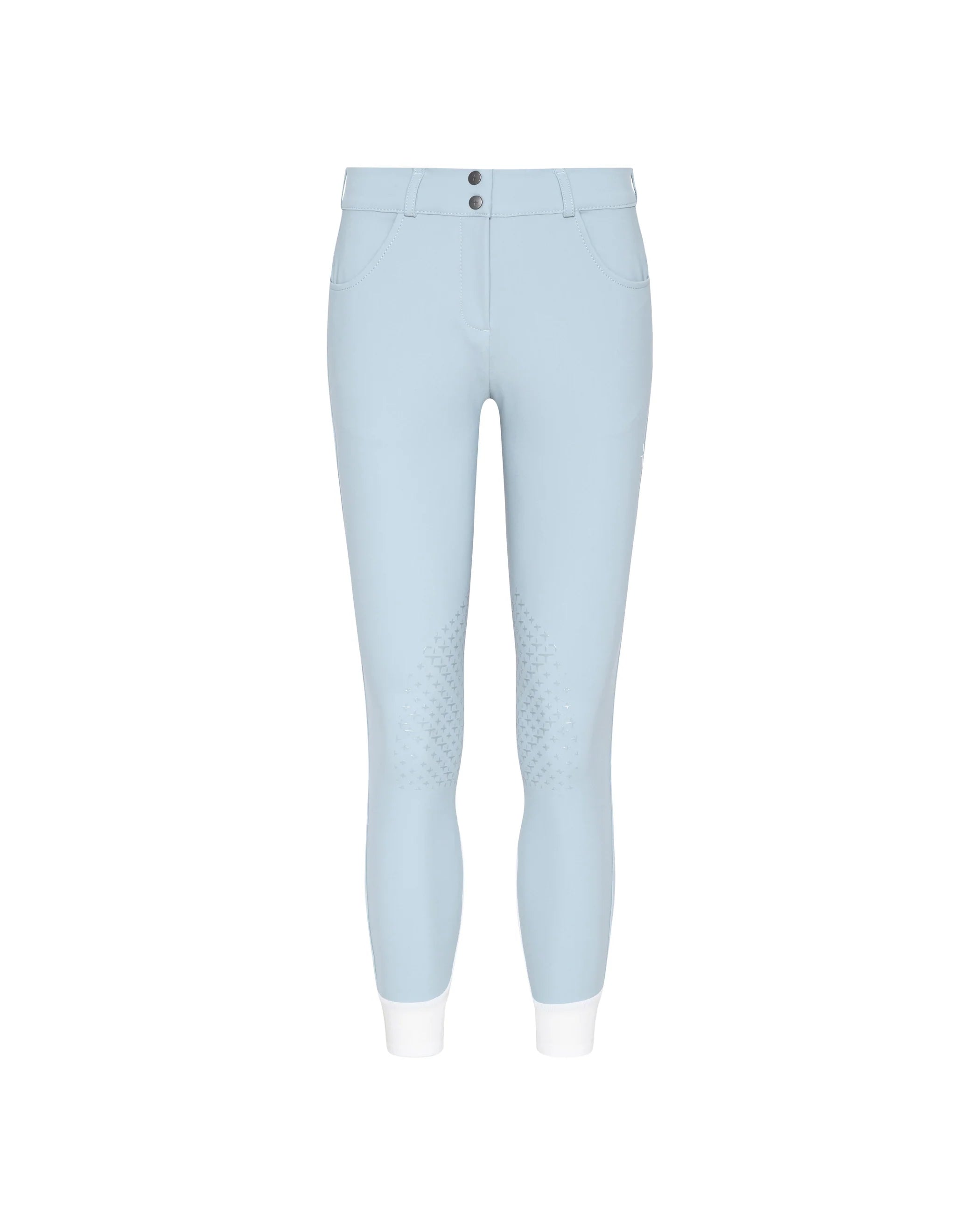 Light blue riding breeches with textured grip panels on the thighs and white cuffs, shown against a plain white background.