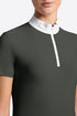 Close-up of a person wearing a deep forest short-sleeve cycling jersey with a white mock neck collar, crystal front and a white front zipper.