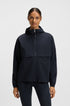 Person wearing a dark blue jacket on a white background