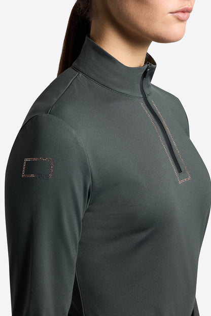 Riders Gene Women’s Training Polo with Zip and Rhinestones - Deep Forest