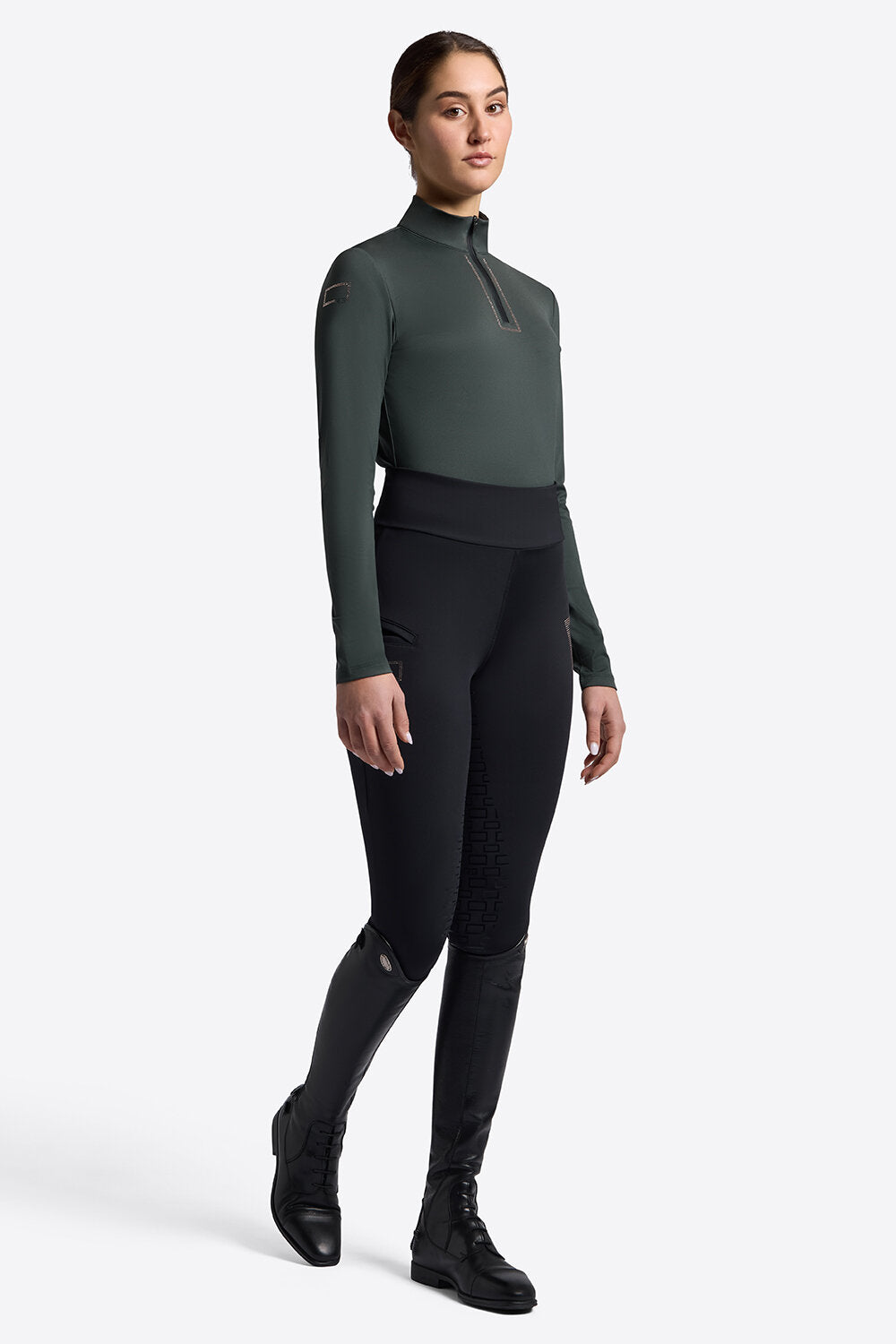 Riders Gene Women’s Training Polo with Zip and Rhinestones - Deep Forest