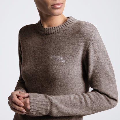 A close-up of a woman wearing a taupe brown knit crewneck sweater with a small white embroidered logo on the left chest, set against a plain light gray background.