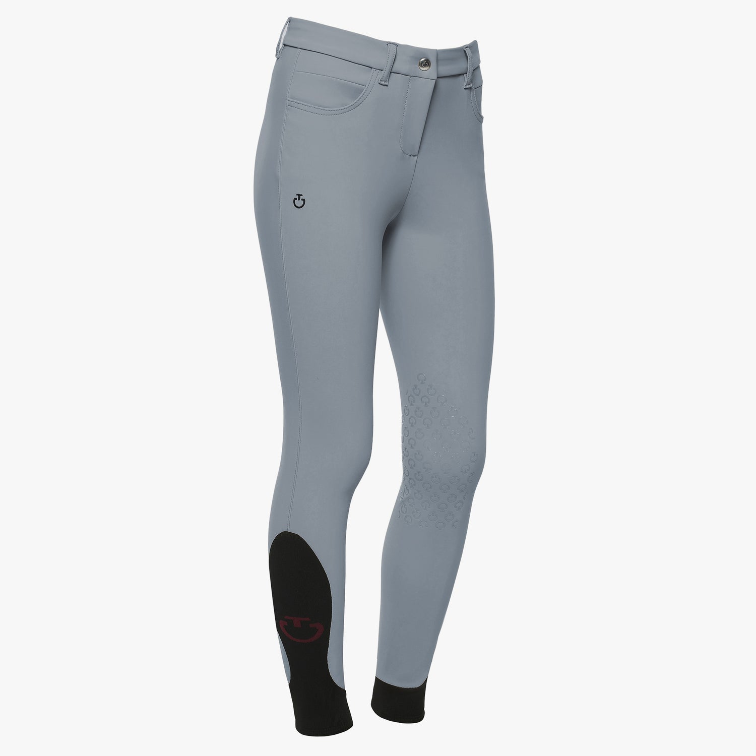 Light gray equestrian riding breeches with black knee patches and a small black logo on the left thigh, shown on a light gray background.