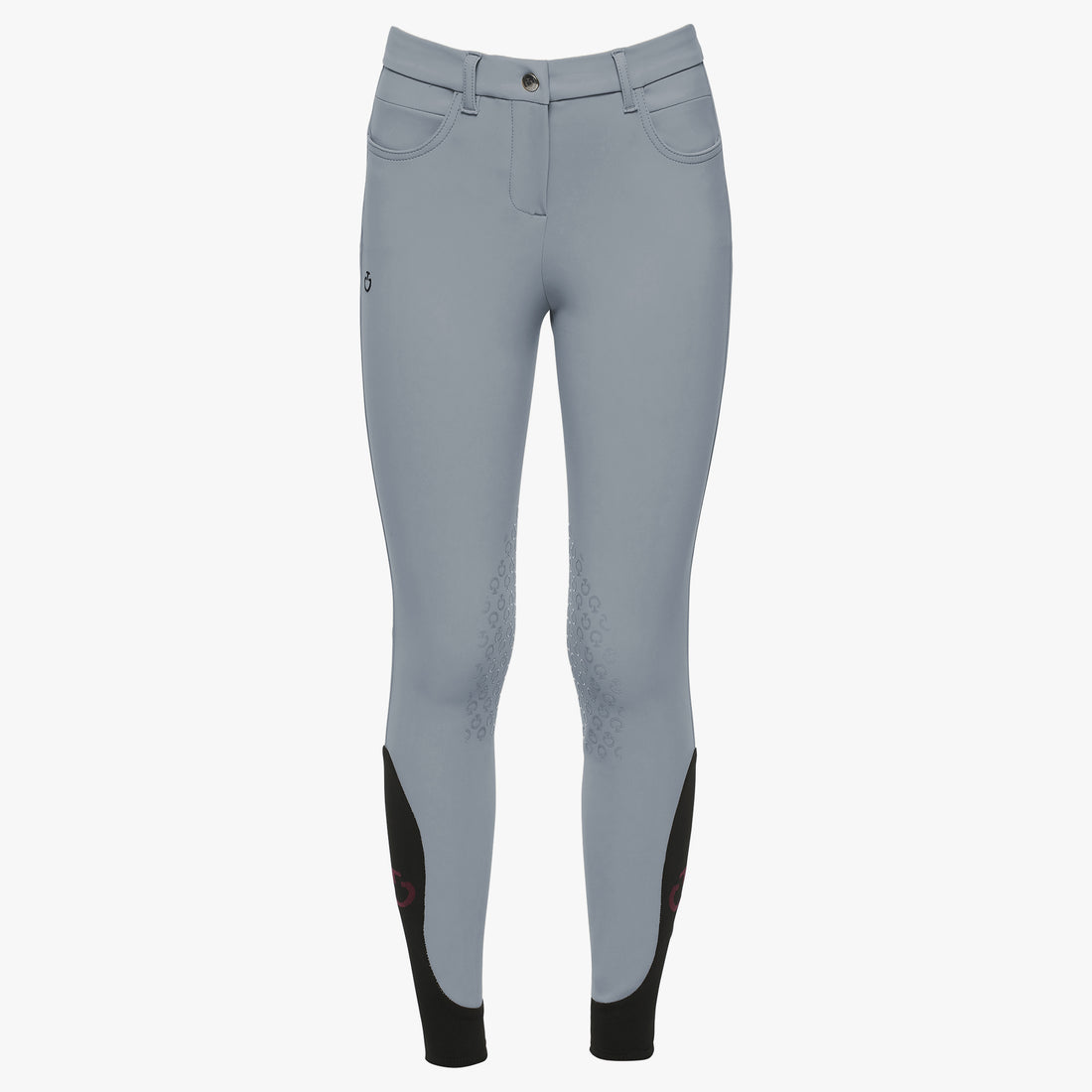 Light gray equestrian riding breeches with black knee panels and a small black logo on the left thigh, shown against a plain white background.