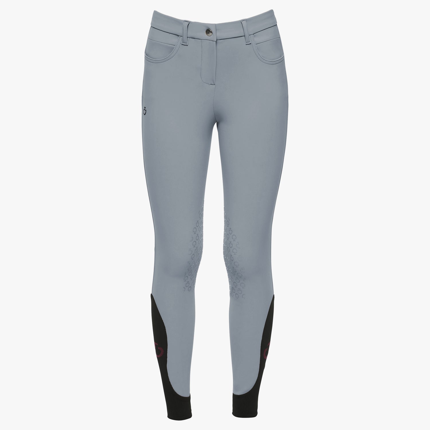 Light gray equestrian riding breeches with black knee panels and a small black logo on the left thigh, shown against a plain white background.