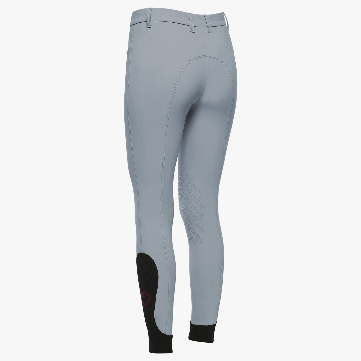 Winward blue equestrian riding breeches shown from the back, featuring black knee patches and black ankle cuffs, on a light gray background