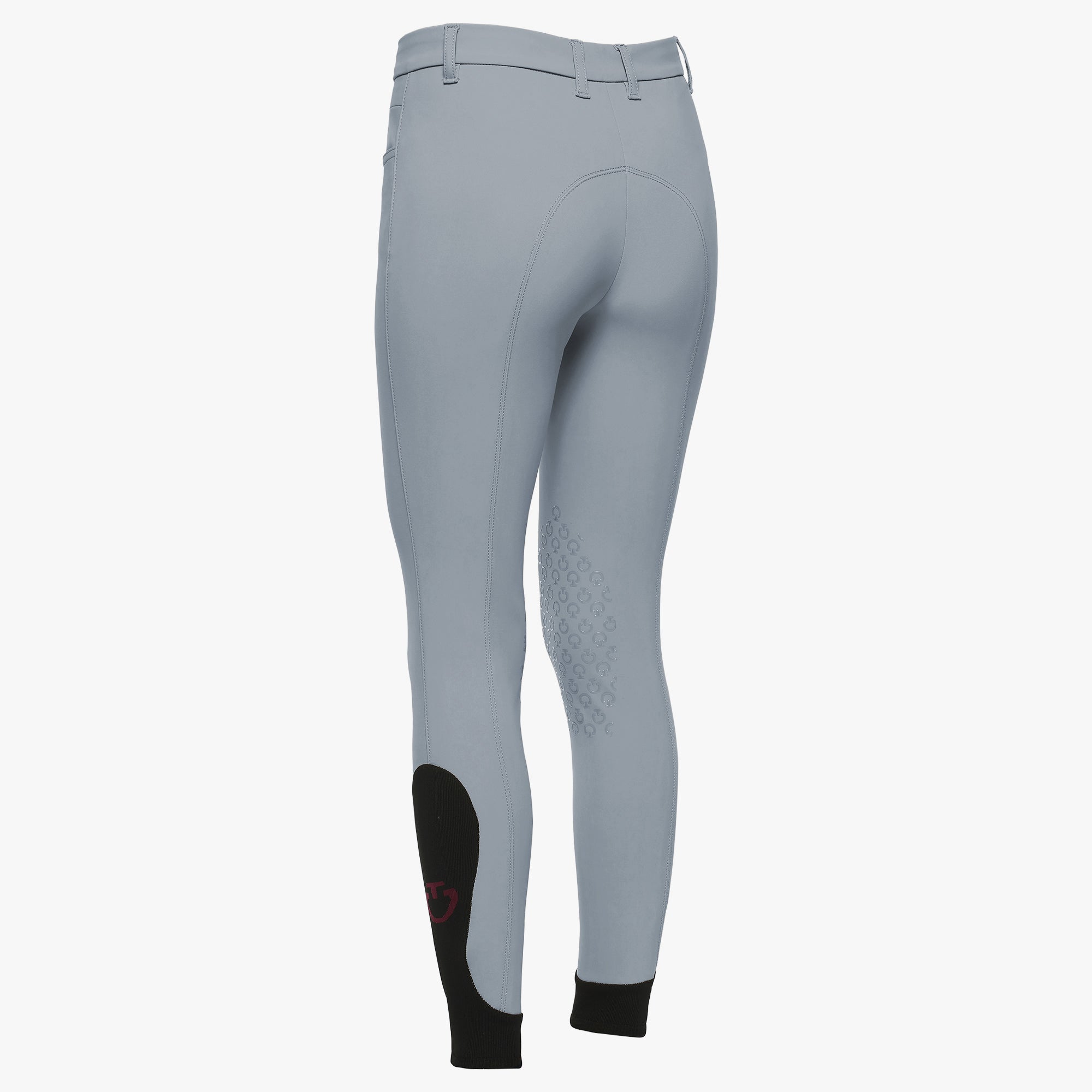 Winward blue equestrian riding breeches shown from the back, featuring black knee patches and black ankle cuffs, on a light gray background