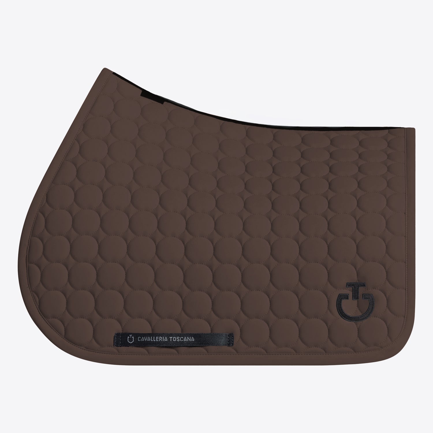 A brown quilted horse saddle pad with a circular bubble pattern, featuring a black logo on the lower right and a black brand label on the lower left, set against a light gray background.