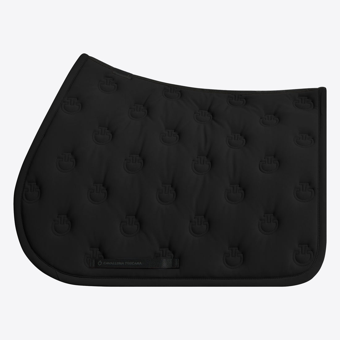 Black saddle pad with pink border and logo on a white background