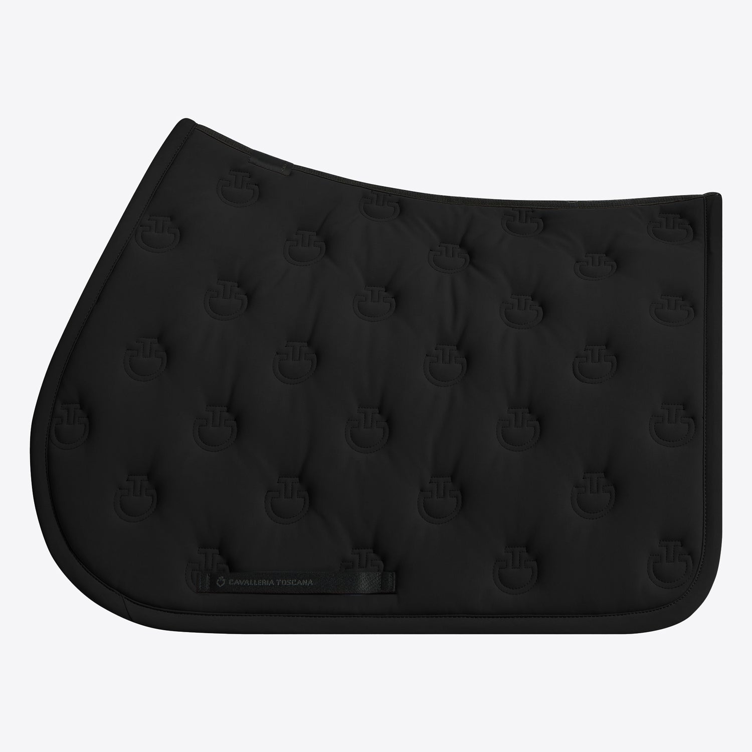 Black saddle pad with pink border and logo on a white background