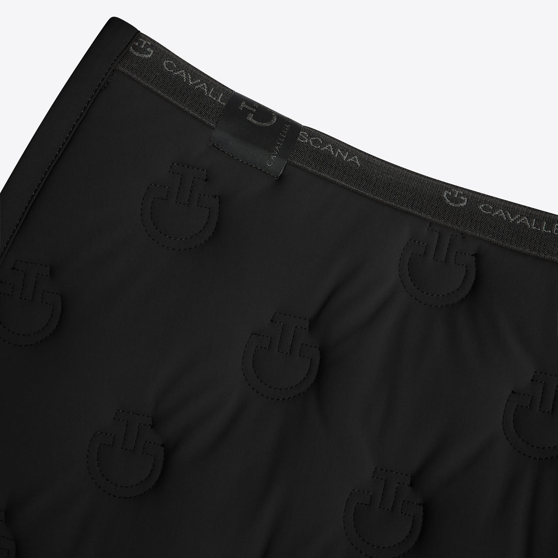Close-up of black Cavallé Scana boxer briefs showing the waistband with the brand name and the embossed logo pattern.