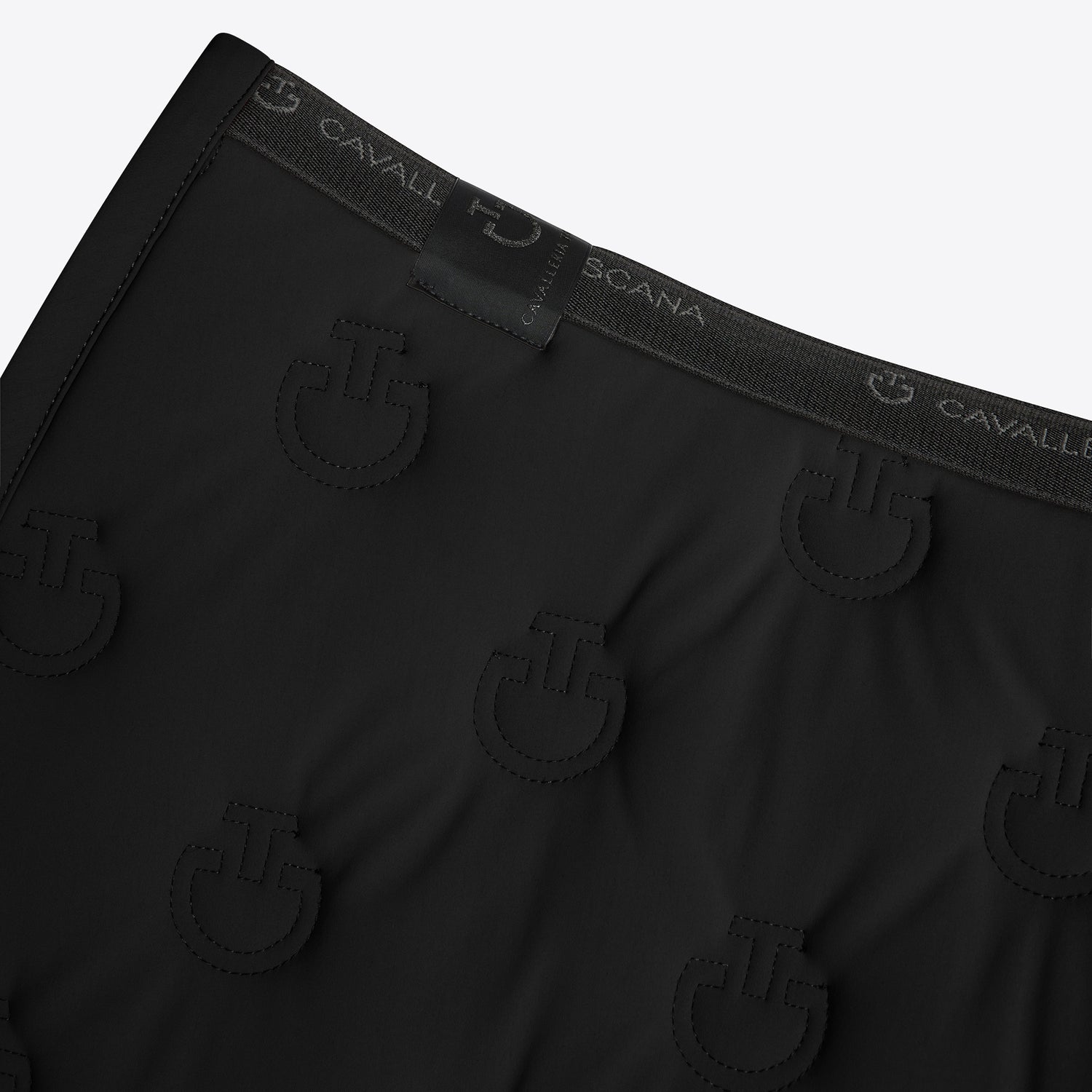 Close-up of black Cavallé Scana boxer briefs showing the waistband with the brand name and the embossed logo pattern.