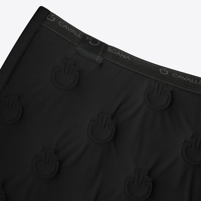 Close-up of black Cavallé Scana boxer briefs showing the waistband with the brand name and the embossed logo pattern.
