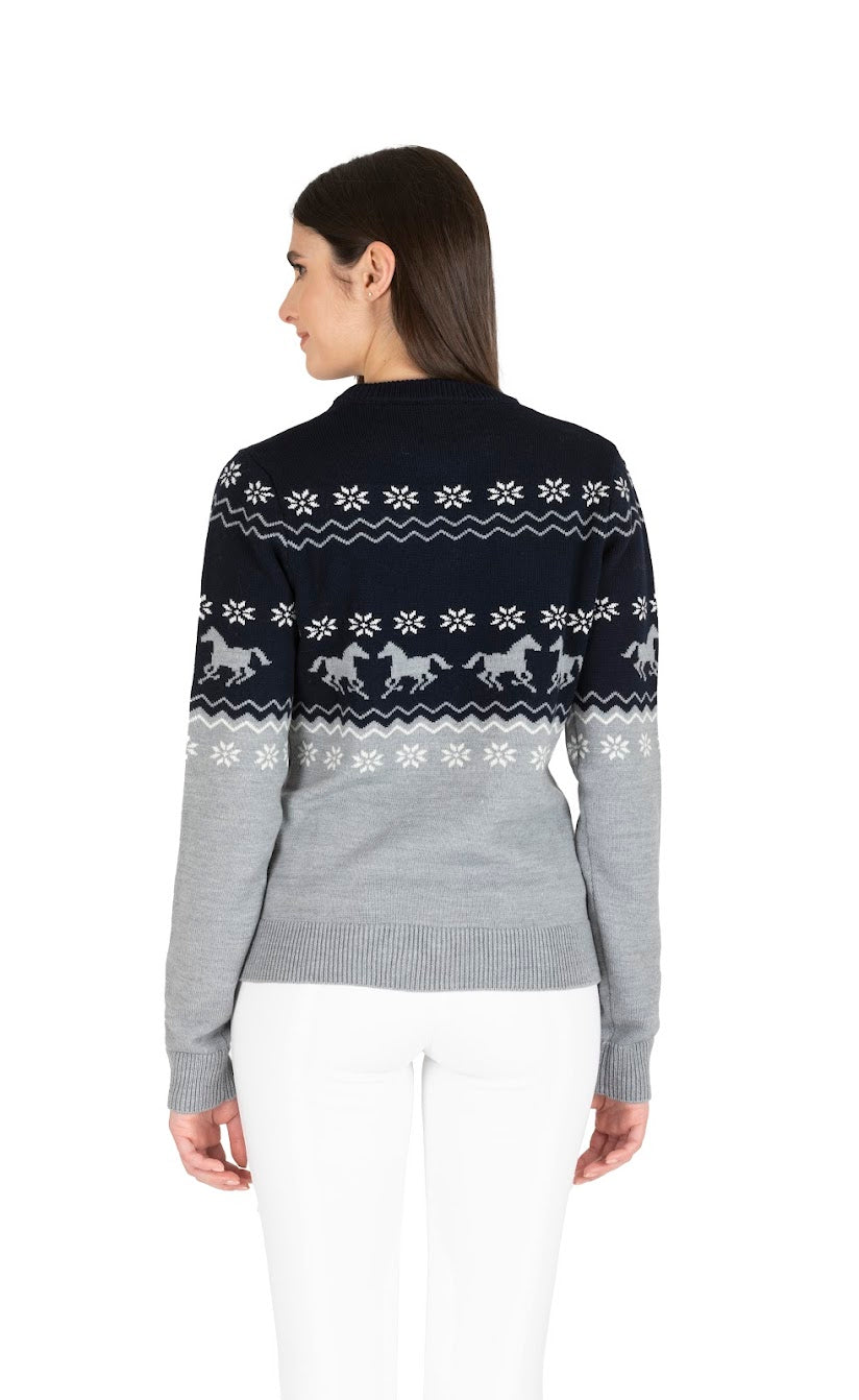 Get festive this season with the Equiline Christmas Jumpers. The snow flake and horse design makes this soft jumper perfect for the season.   Available in other ocelot and matching items for you and your dog available.  Machine washable