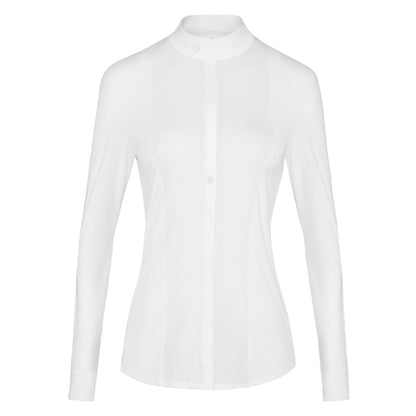 The Janne Glitter Gold show shirt by Laguso. In all white but covered in a subtle gold shimmer woven throughout adding a subtle sparkle to your outfit. Finished with a button down front and small Laguso logo on the collar. 