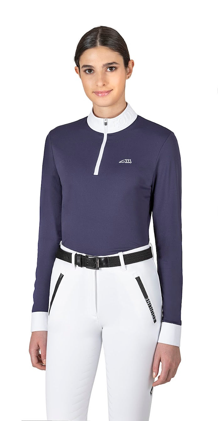 The Equiline Casec Long sleeve colbalt show shirt is made from a soft technical pique jersey. Contrast white zip, logo, collar and cuff. The Equiline logo raised print on the collar.  Matching items available.  Machine washable