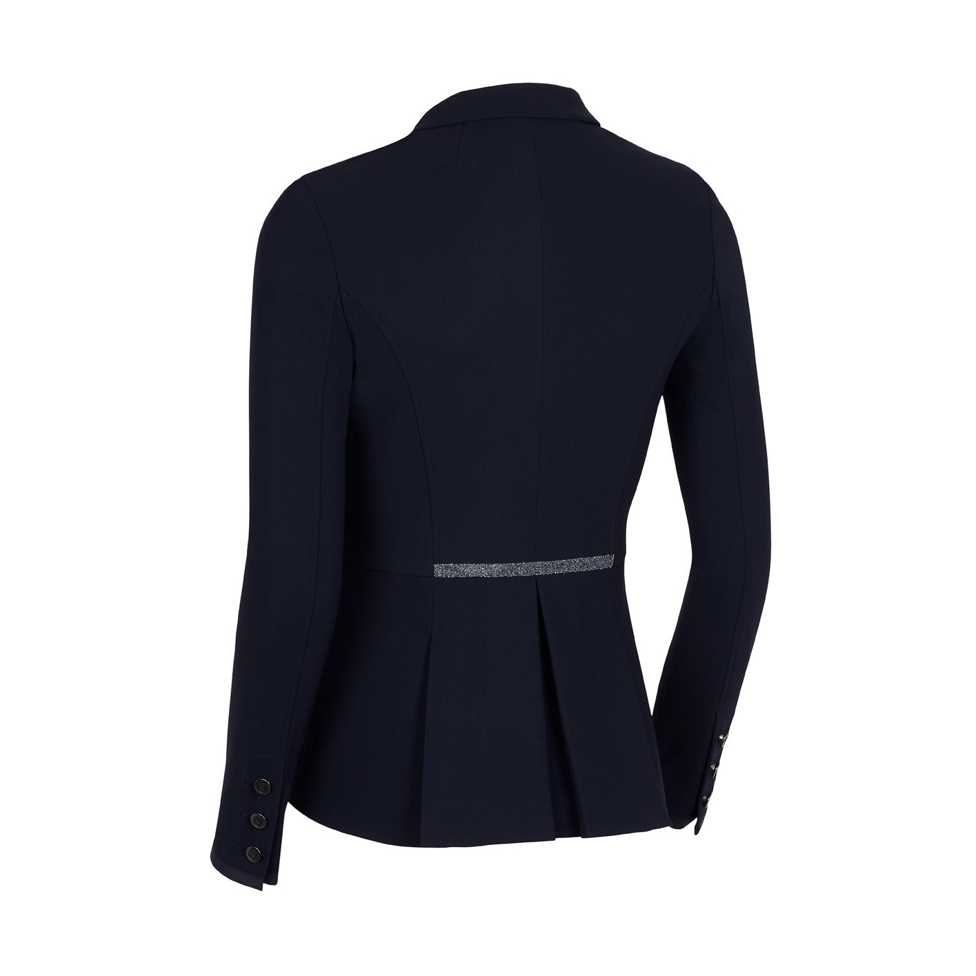 The Victorine Crystal Competition Jacket from Samshield.  This jacket offers a tailored fit giving an elegant silhouette. Made with a technical, breathable material with UV protection to take you through the seasons.  Finished with Swarovski Crystals on the sleeves and Crystal Fabric on the collar and back.  Available in Navy &amp; Black