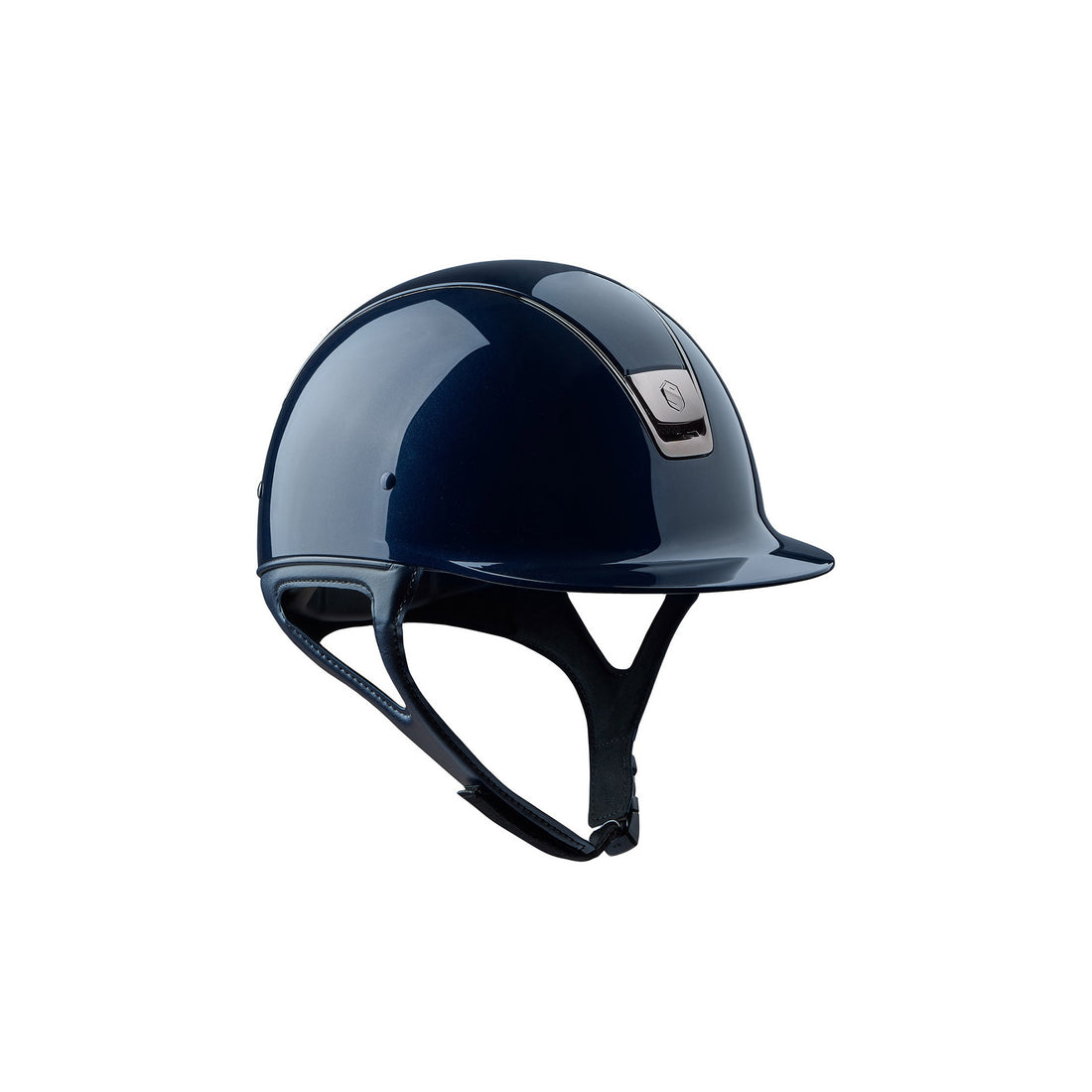 The Samshield Shadowglossy riding hat with black chrome trim.  Available in Black and Navy.