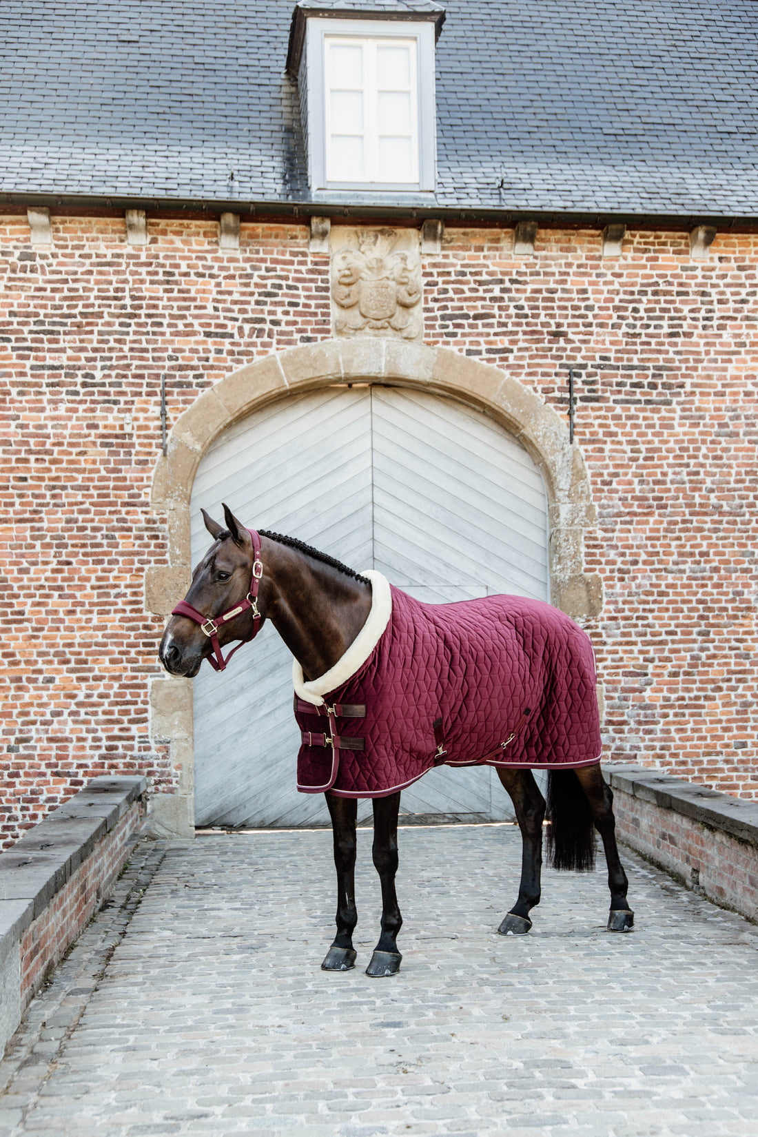 The Kentucky Velvet show rug in the shade Bordeaux.  This rug is made with 160g filling, and lined with faux rabbit fur lining to give your horse the perfect shiny coat.   Finished with a cream sheepskin binding round the front of the rug, to help prevent rubbing on the chest, neck and mane.