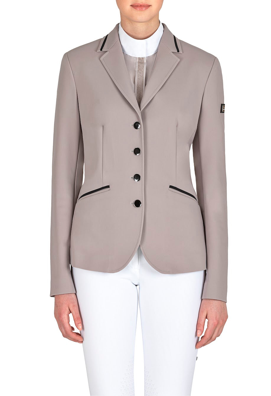 The Giacca contrast trim Equiline show jackets is perfect for this season. The show jacket has insert contrast trim in black on the collar and pockets for a clean sophisticated look. The enamelled buttons on cuff and front give this jacket an elegant finish.   Made from Equines B-Move lightweight fabric which guarantees maximum movement and performance. The fabrics construction allows air flow through the fibres enabling body comfort and the three dimensional stretch allows ease of movement. 