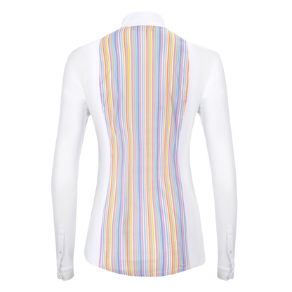 The Laila multi stripe gives a smart classic front while your jacket is on an an up to date twist when off.  The Laila has a soft woven pleated front with fine soft stretch jersey sides and sleeves. A very fine woven stretch stripe panels on the front and back gives the shirt maximum movement with a feminine flattering fit. The button down front placket has a hidden button over the bust to avoid popping! 