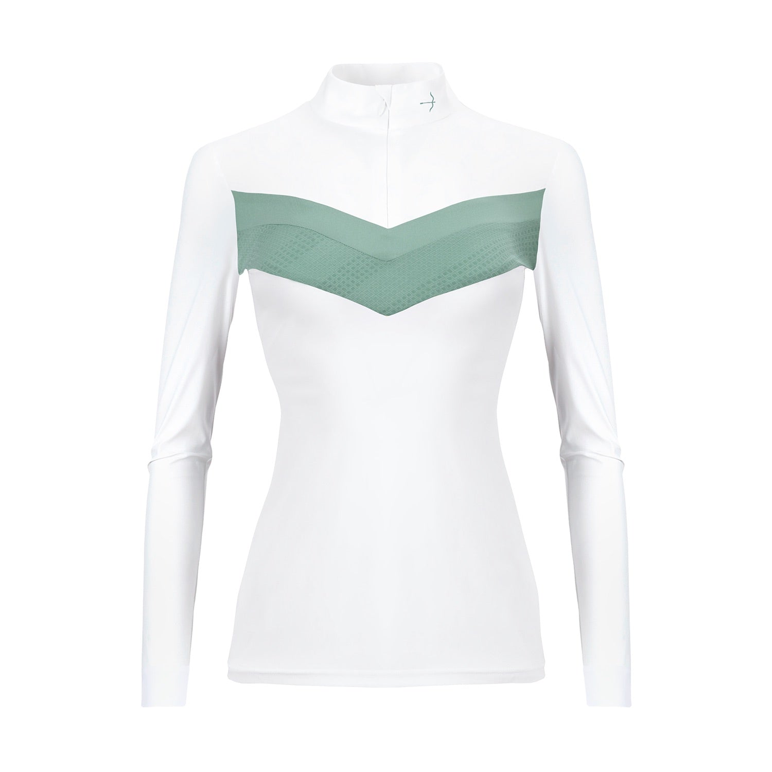 Keep cool this summer with the Laguso Vivian Geo Jade show shirt. The green self textured and plain v panel give a feminine sporty look. Made from bi elastic breathable sports fabric. Stand-up collar with zipper and underlaid zip cover. 