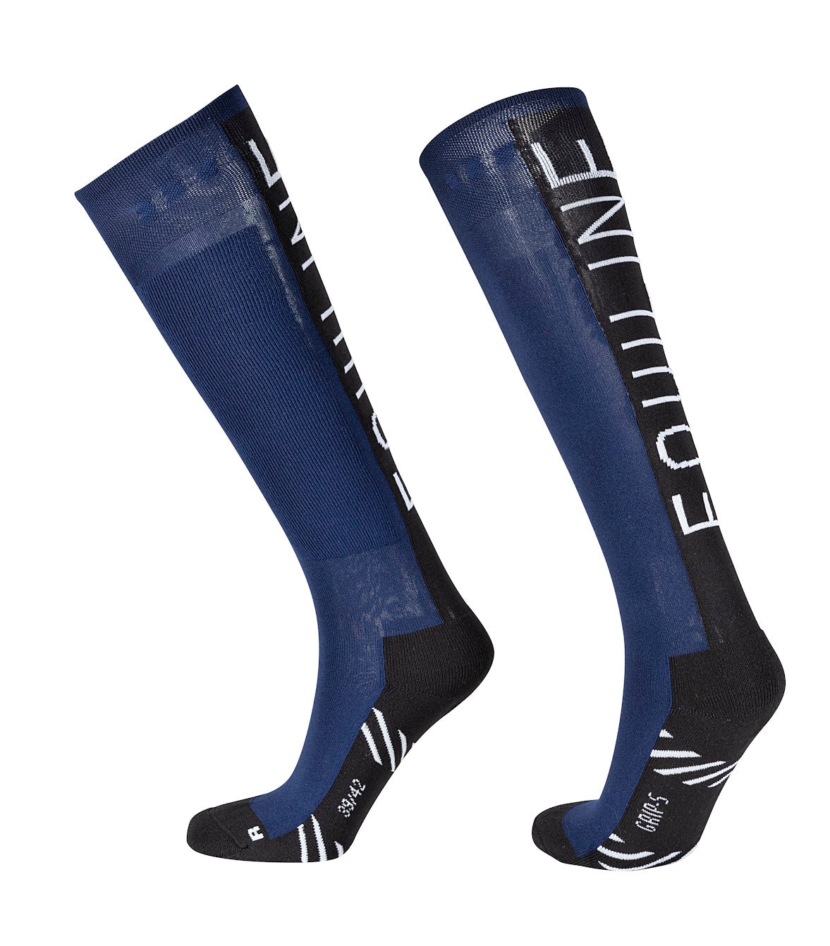 These Equiline Cobalt blue socks are perfect for riding. Their soft fabric ensures close contact and control. There is an elastic top to stop the socks falling down, and a reinforced heel and toe for durability. Finished with a contemporary design and large text running vertically down the back of the calf.