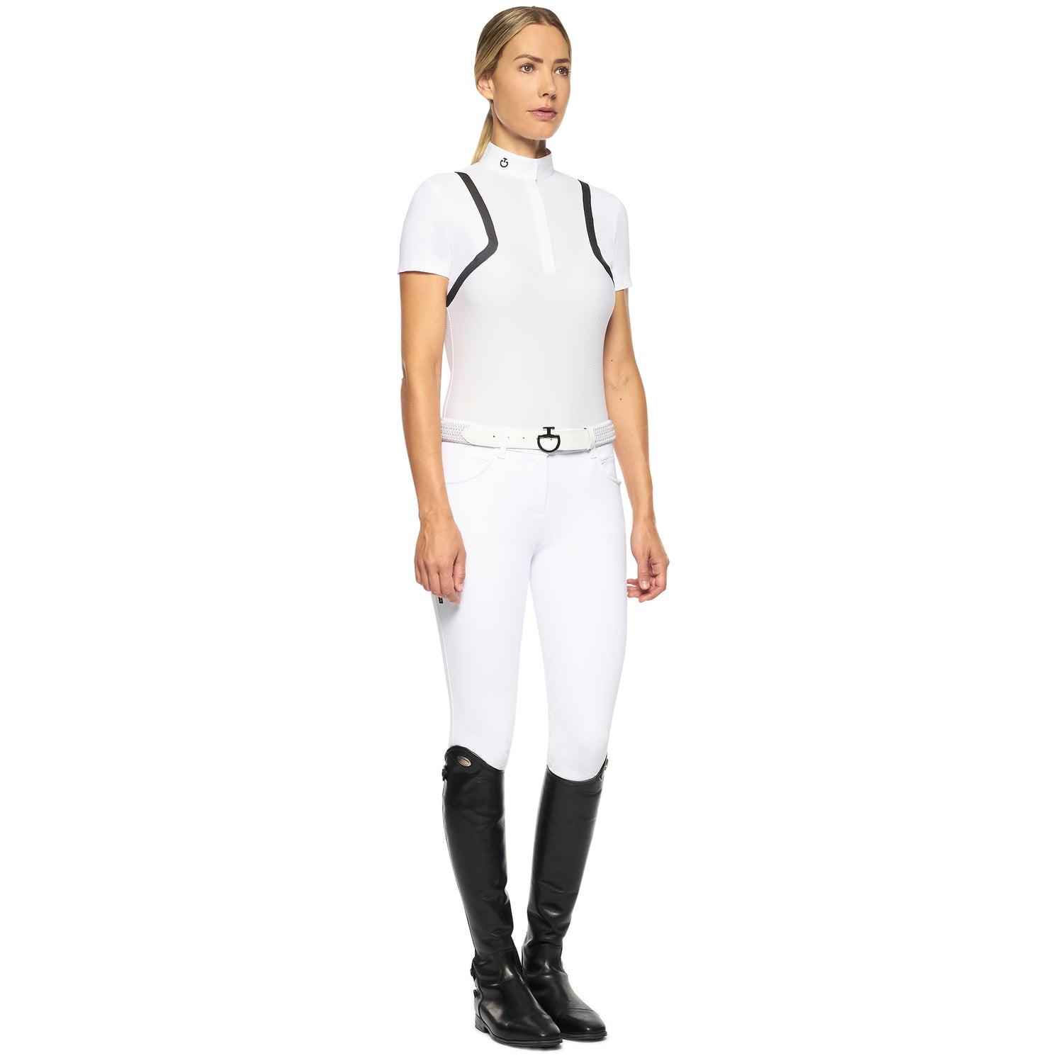 Cavalleria Toscana pique show shirt is made from soft textured jersey. A breathable show shirt with a flattering fit. Black mesh inserts give a sporty feminine look.