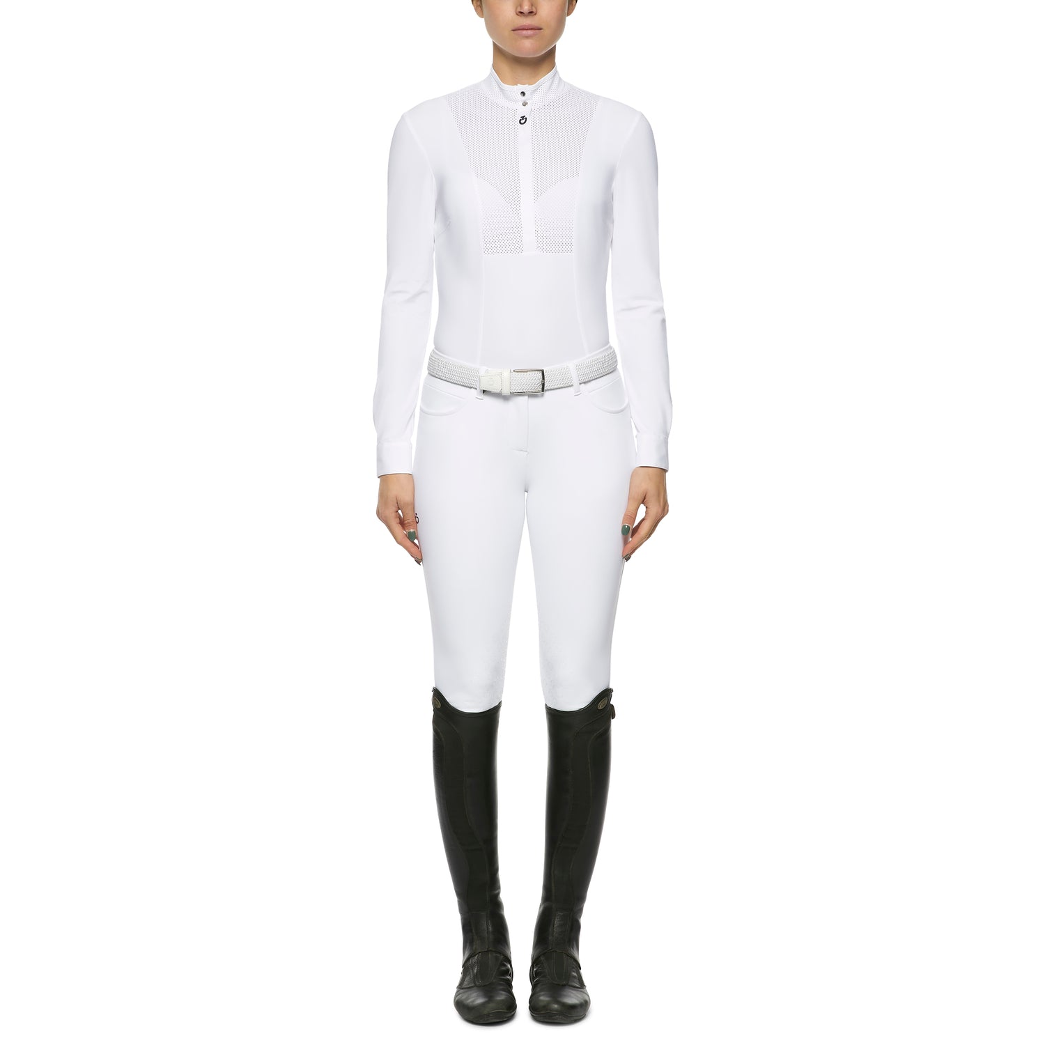 Cavalleria Toscana Perforated Bib And Collar L/S Jersey Competition ShirtStart the spring season with this stunning perforated Cavalleria Toscana show shirt. Perforated bib and collar with a delicate CT logo centre front give this shirt a modern elegance.  Also available in pale blue and white. 
