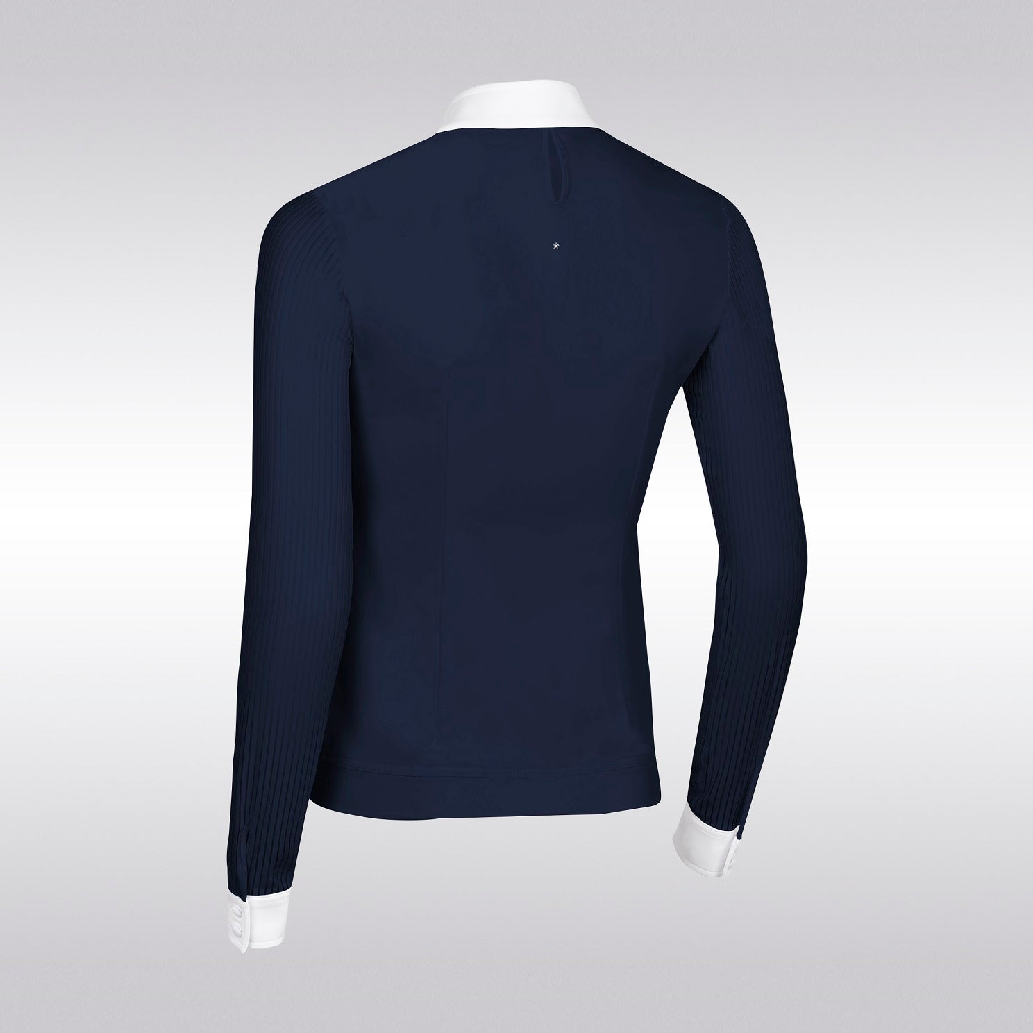 The Samshield Faustine long sleeved competition shirt is designed with a soft, high stretch, breathable fabric. Designed with a striped transparent material on the neckline and sleeves.  Featuring a white collar and cuffs fastened with poppers and completed with the Samshield blazon in Swarovski crystals on the collar.
