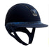 The Miss Shield Shadowmatt riding hat with black chrome trim. Finished with Bermuda blue crystal fabric blazon and band.
